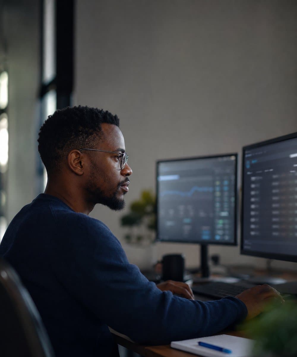 Fintech analyst reviewing live market data across two monitors