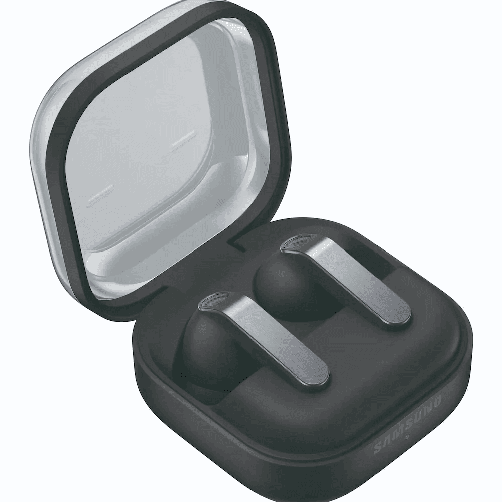 Samsung Galaxy Buds4 Pro earbuds in black, charging case open, sourced from a South African retailer