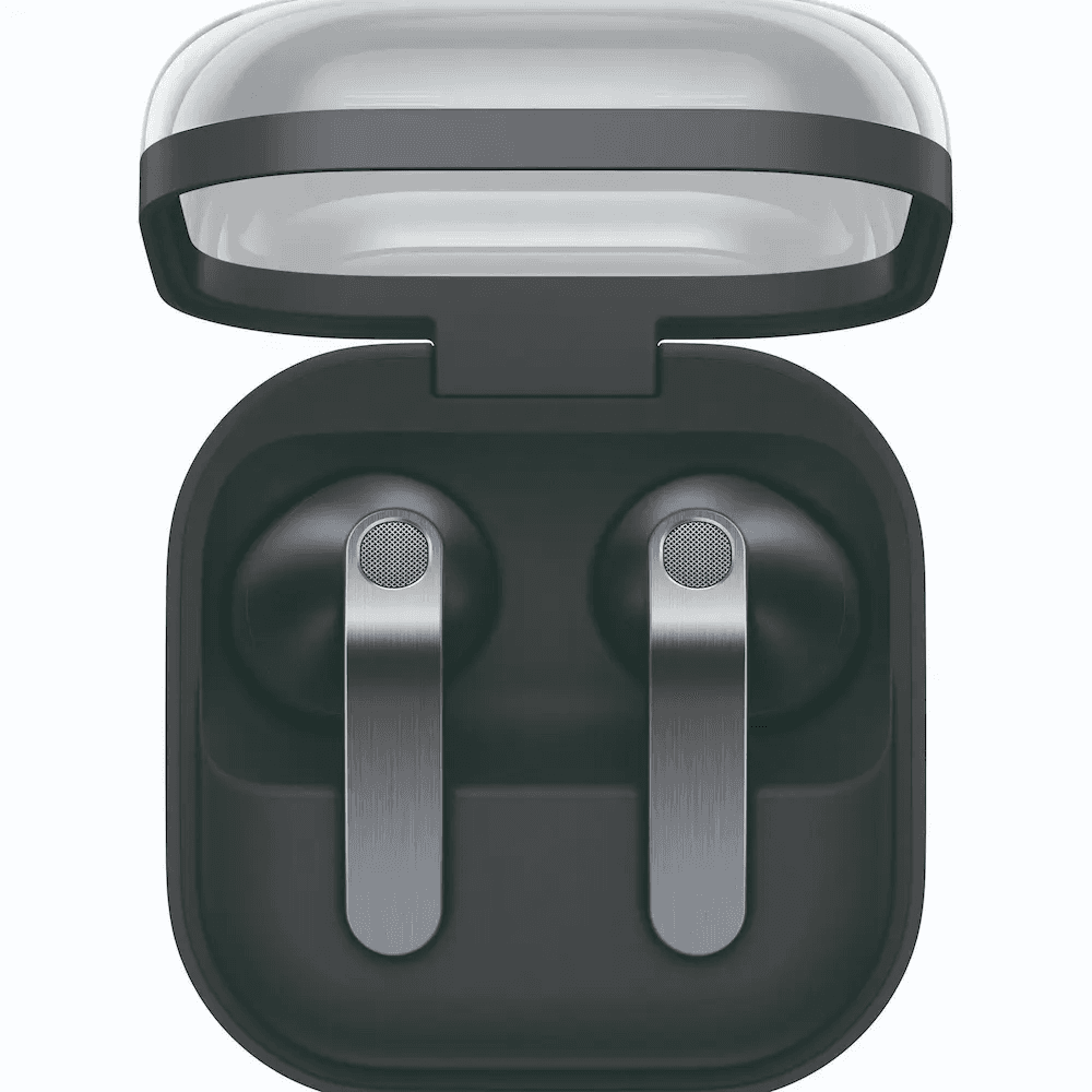 Samsung Galaxy Buds4 earbuds, charging case open, sourced from a South African retailer