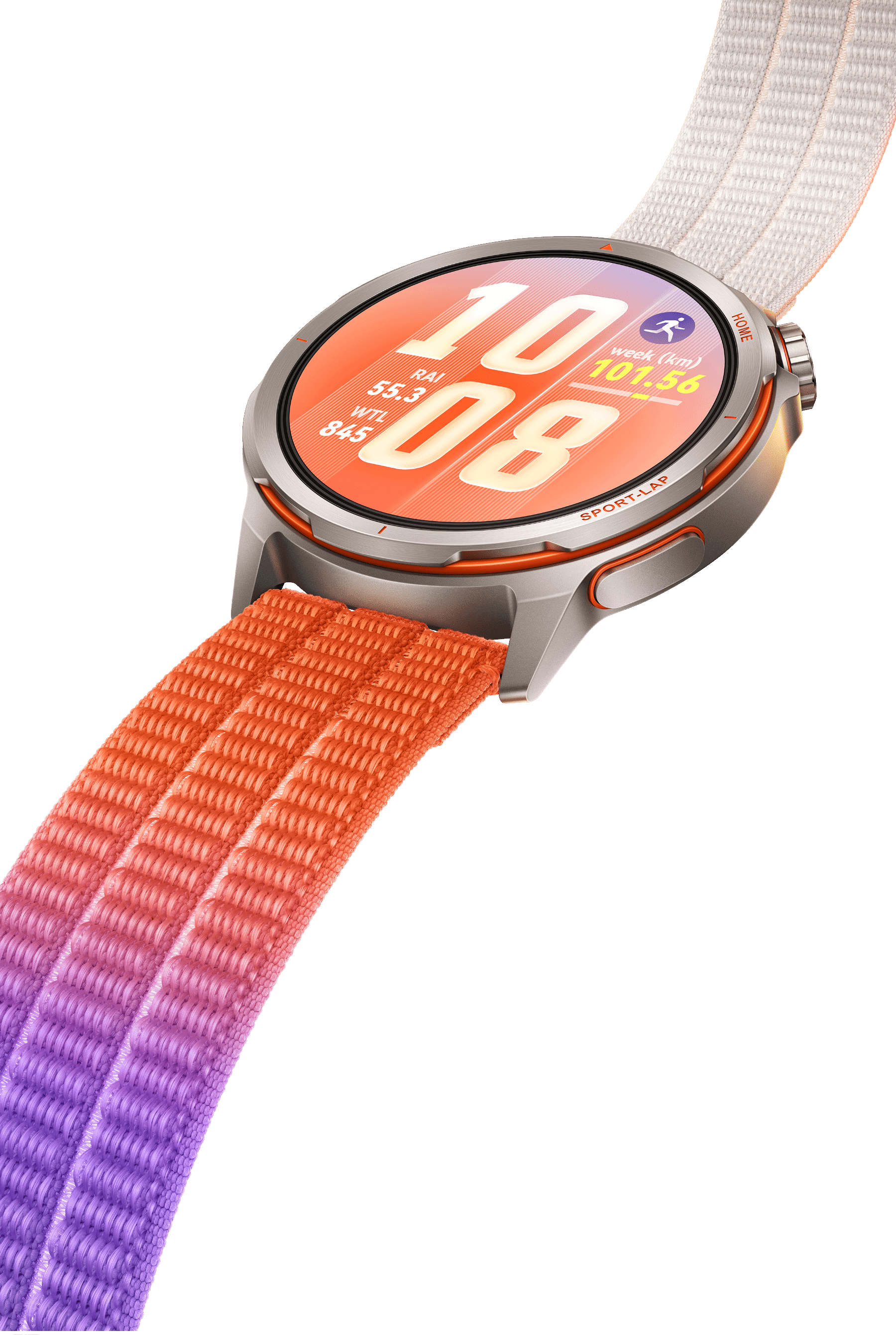 Huawei Watch GT Runner 2 smartwatch with orange-to-purple gradient woven strap, sourced from consumer.huawei.com/za