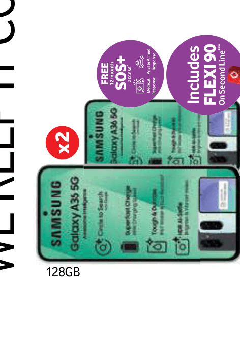 Two Samsung Galaxy A35 5G smartphones in teal gradient finish