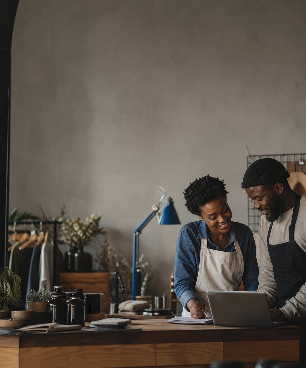 Small business owners reviewing their growth plan together