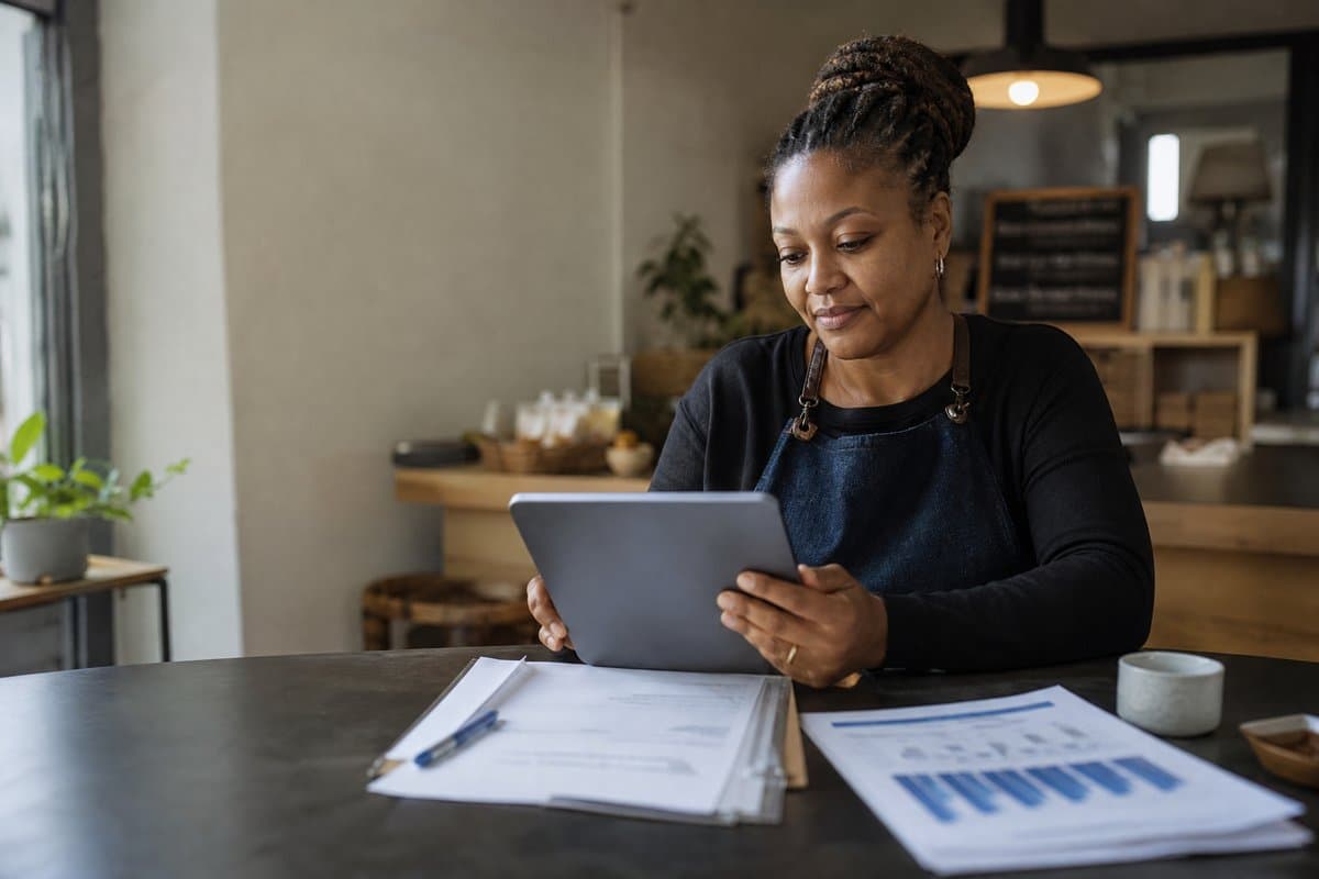 Small business owner reviewing funding paperwork on a tablet