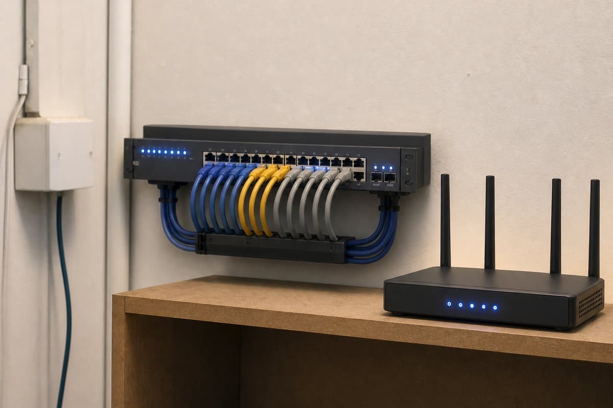 Clean, organized patch panel and router installed by BIS