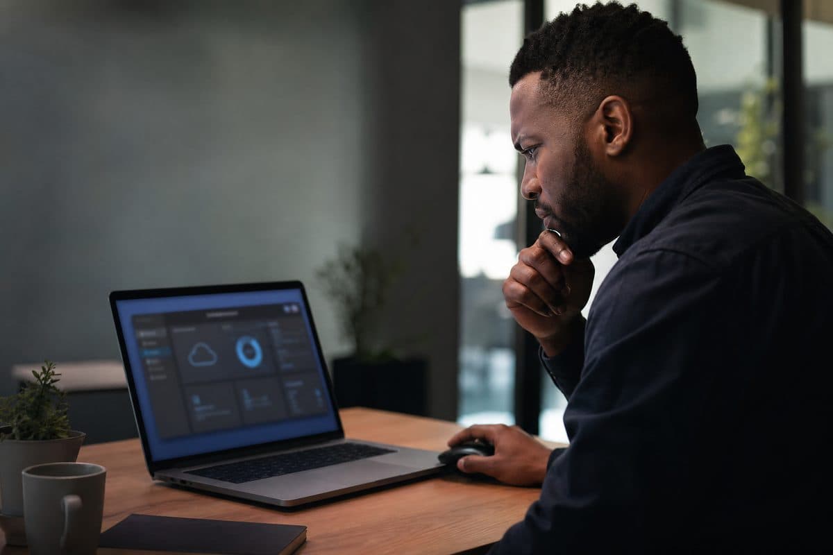 IT professional managing cloud infrastructure on a laptop