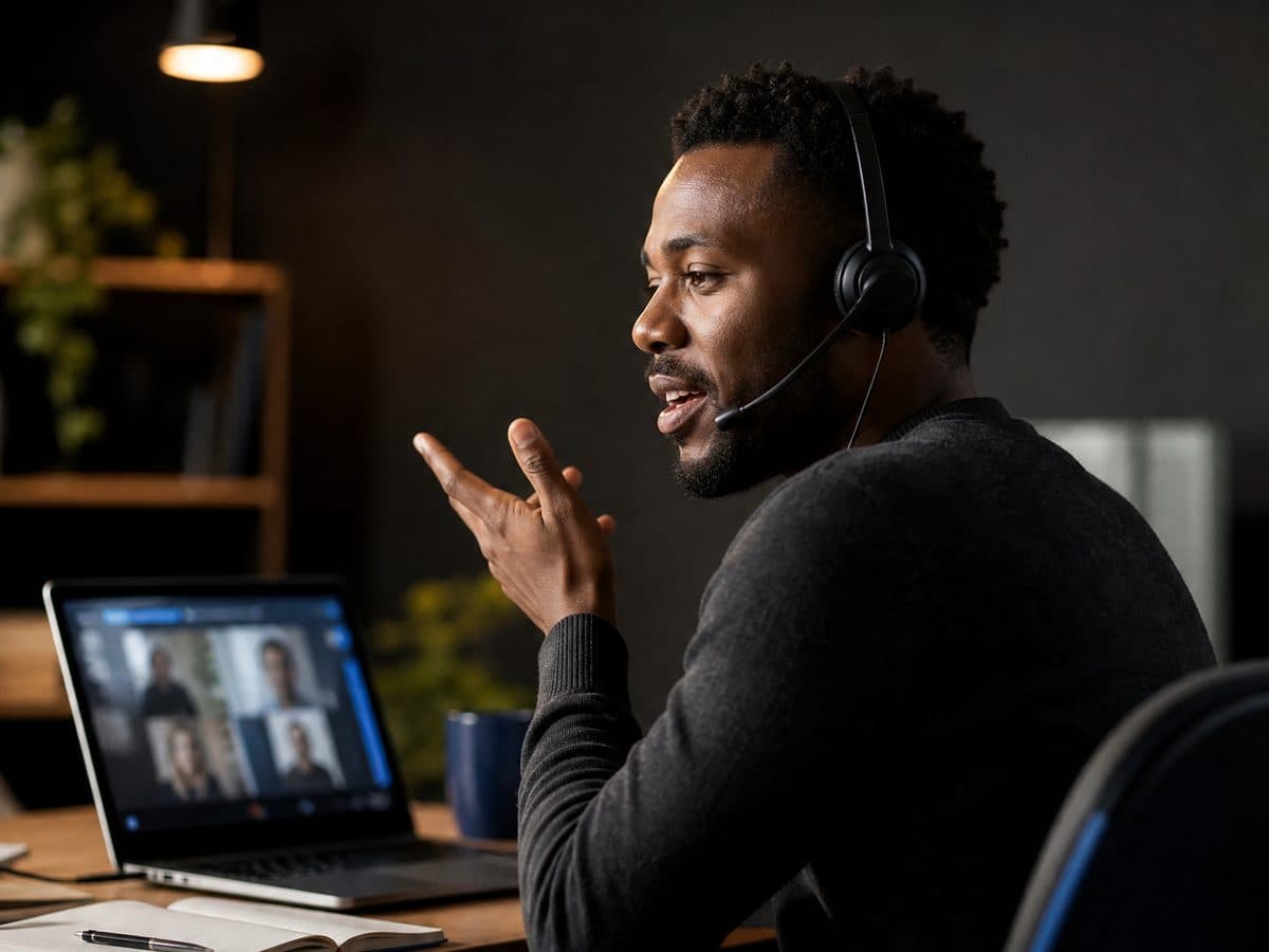 Business professional on a VoIP call in a modern office