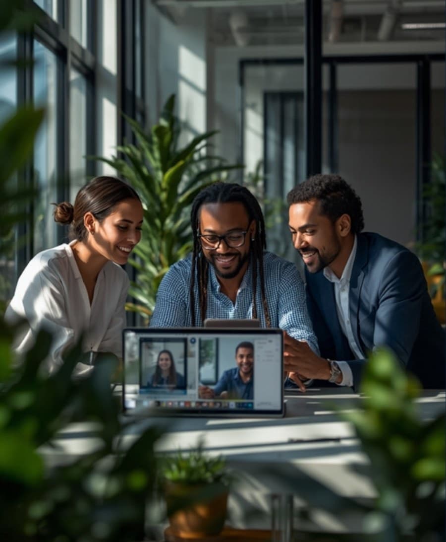 Three colleagues gathered around a laptop on a Microsoft Teams video call in a bright office